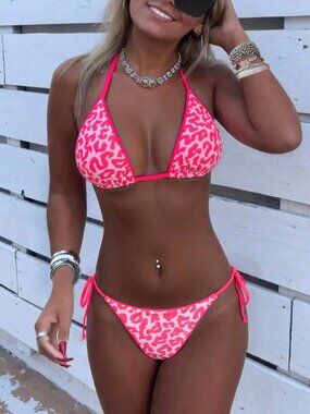 Watermelon pink Leopard Print Spaghetti Strap Tie Women's Beach Bikini Set